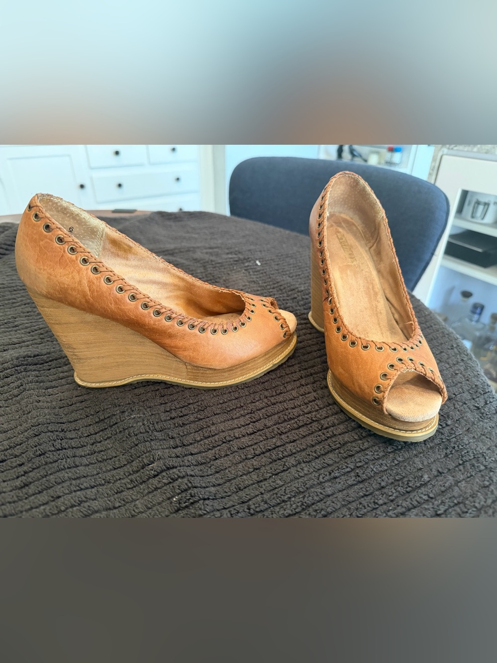 Seychelles Peep-Toe Leather Wedges - Size 6